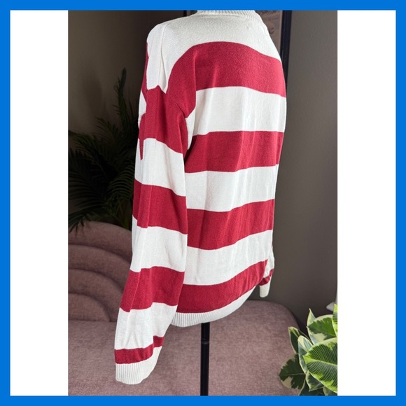 Zara Striped Knit Sweater Red White Number 7 Applique Preppy Collegiate Pullover - Picture 7 of 13